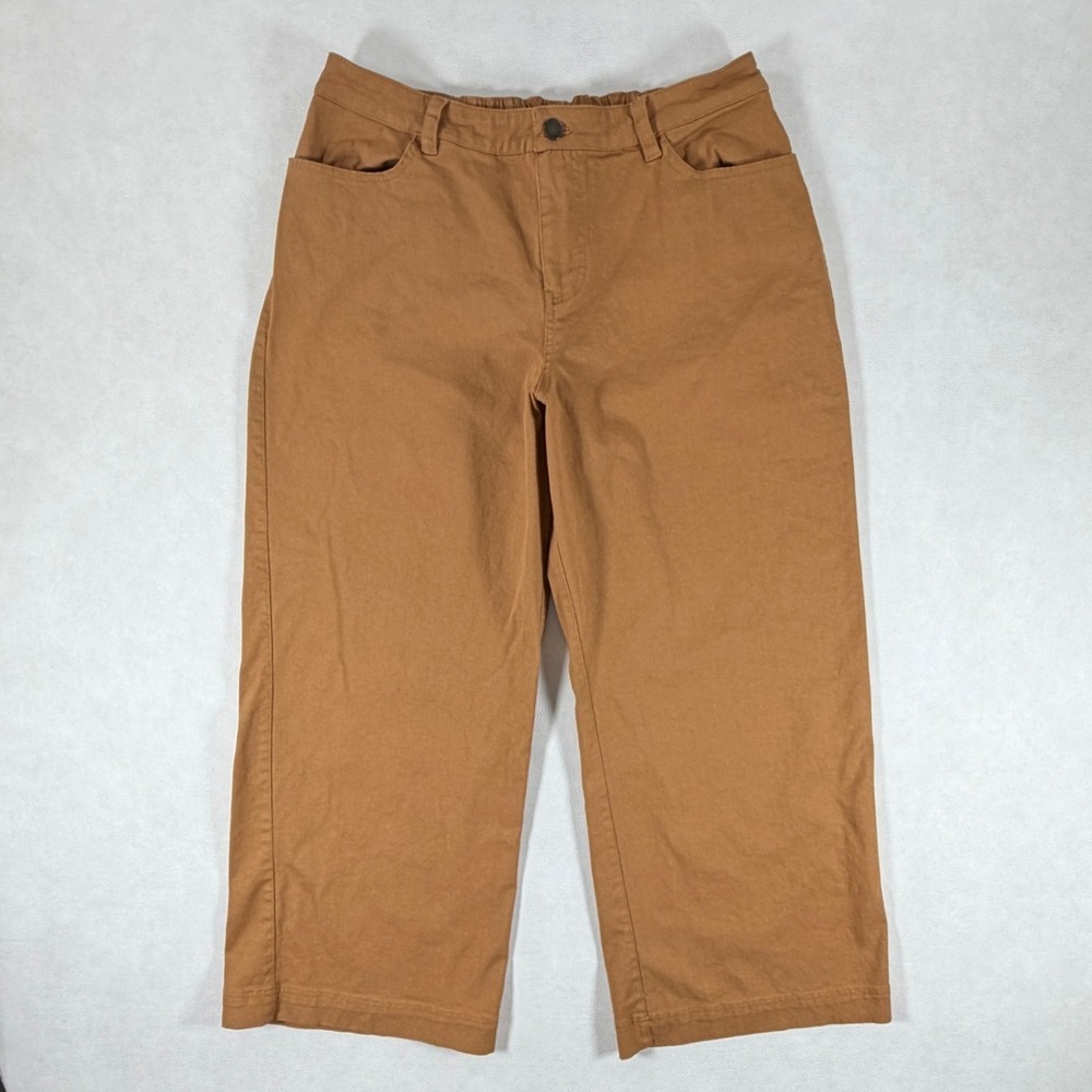 Pact Womens XL Organic Cotton Wide Leg Pants Brown High Rise Elastic Back